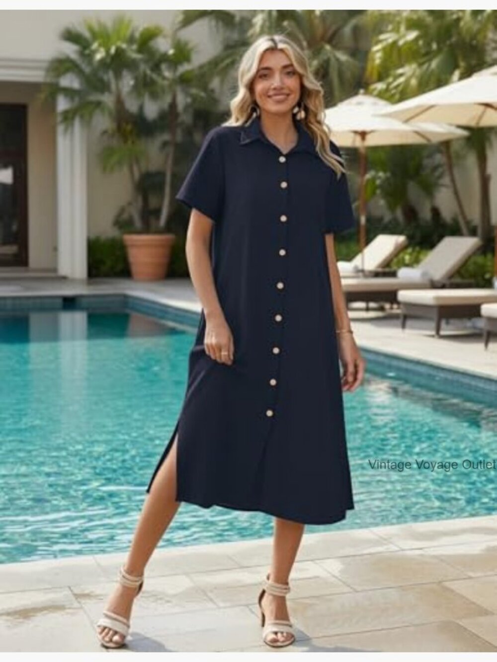 Casual Midi Dress with Pockets Short Sleeve Button Down Shirt Dress Loose Fit - Picture 4 of 7